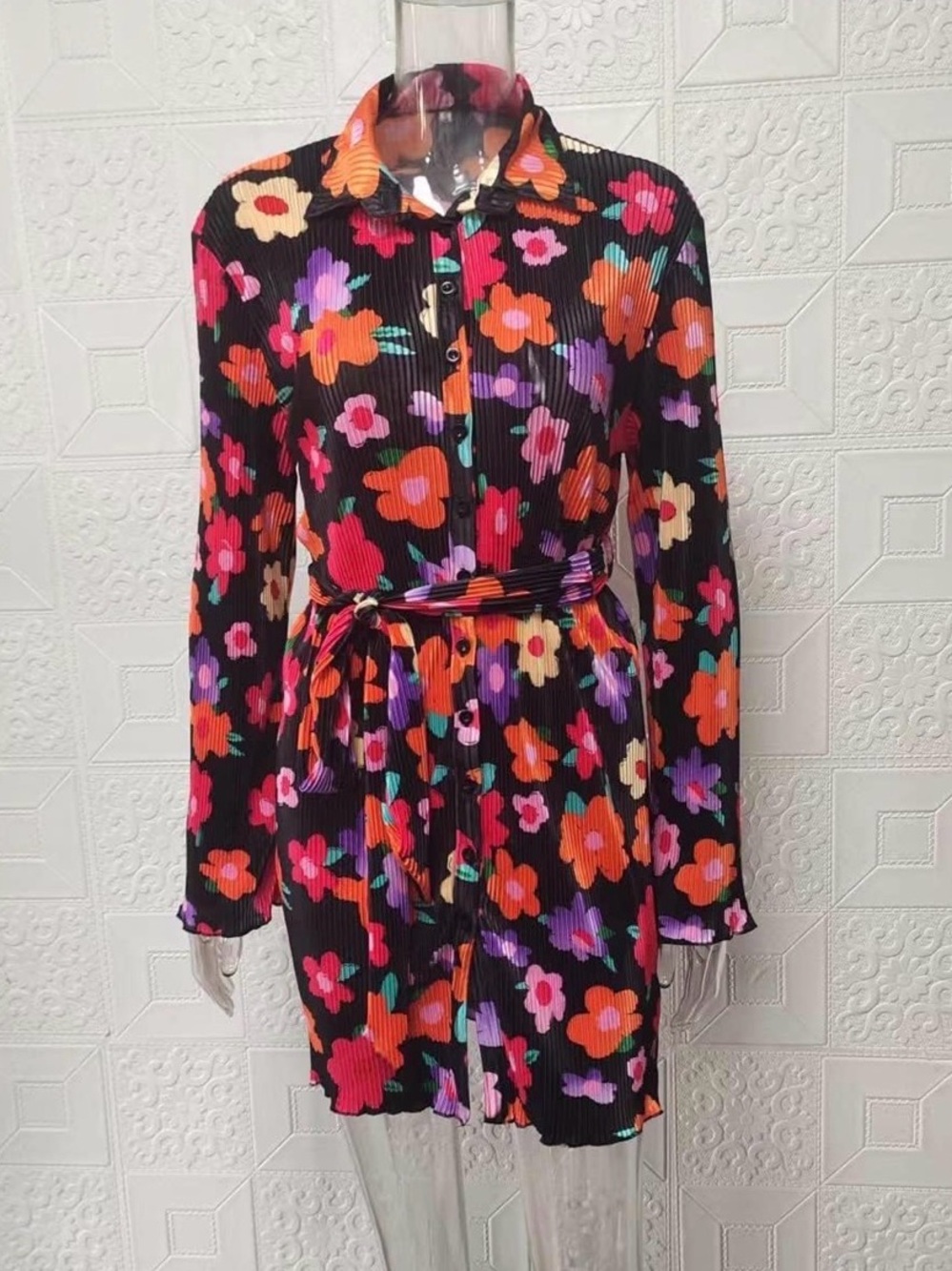 Long-Sleeve Floral Button-Front Belted Dress - Black with Multicolor Flowers